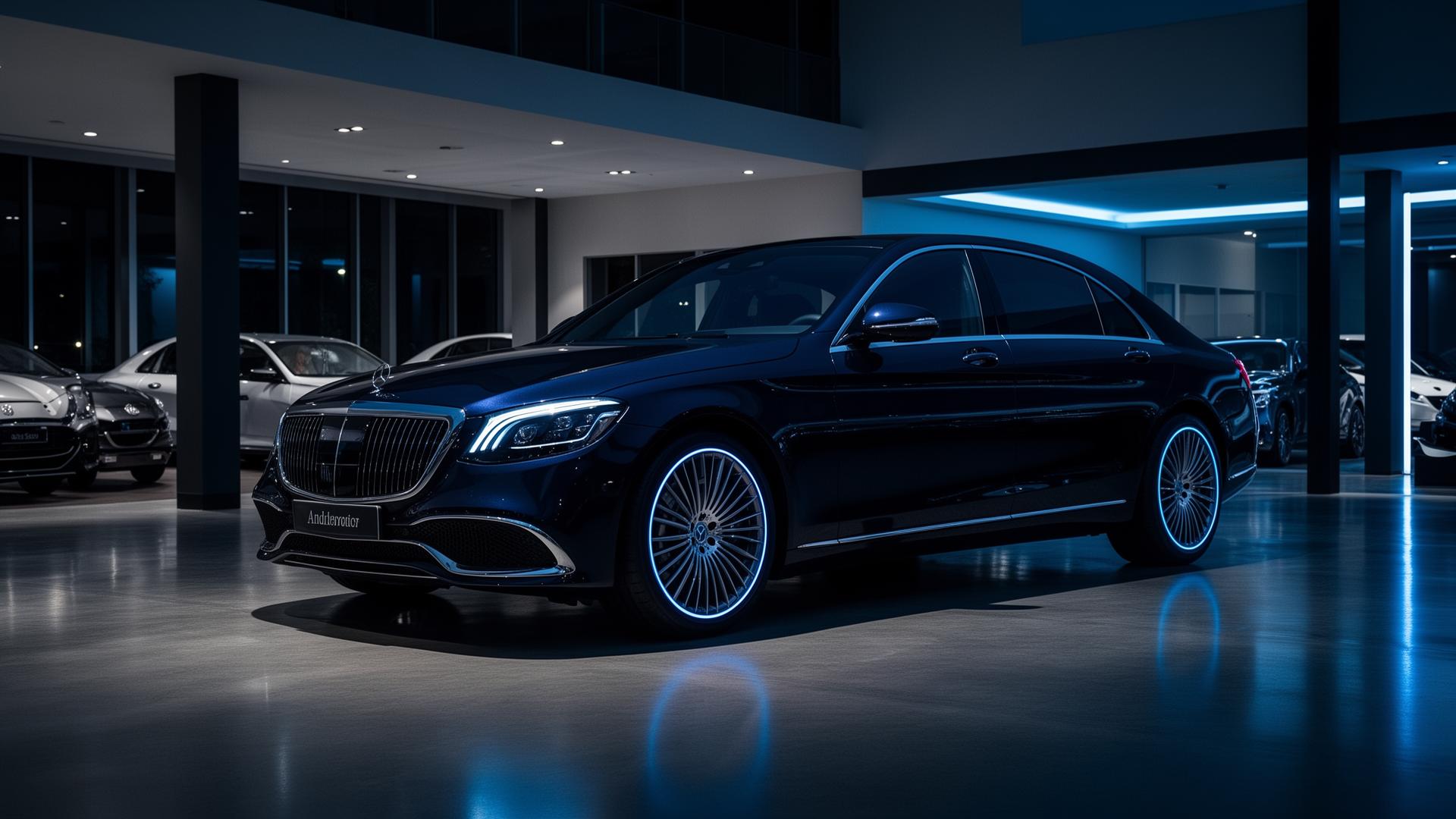 Sedan premium expus în showroom-ul VAMAUTO EUROTOP, iluminare cinematică albastră